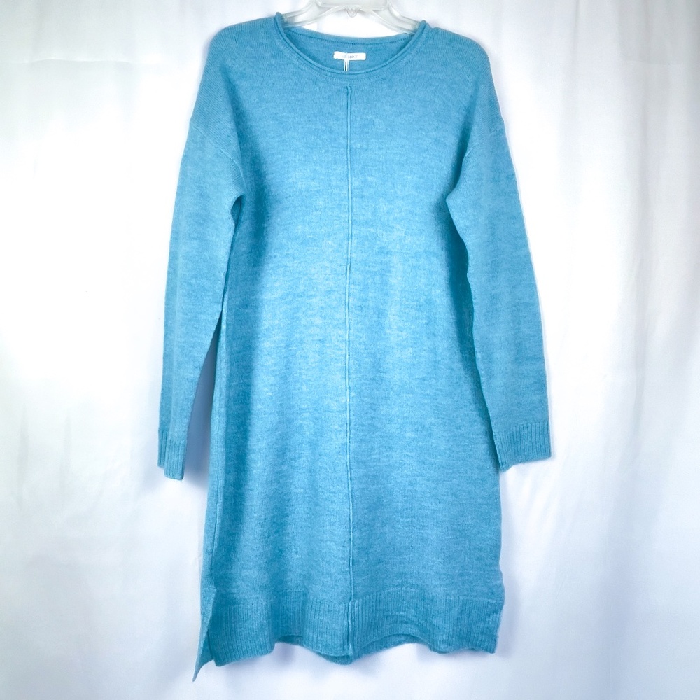 Powder Blue Long Sleeve Crew Neck Sweater Dress with Side Slits